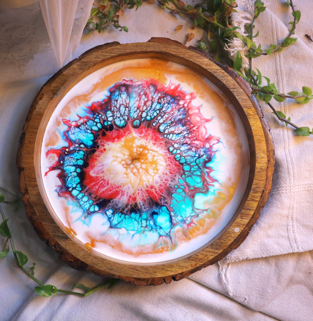 Epoxy Colorful Pattern Wooden Circular Tray | Resin Serving Tray