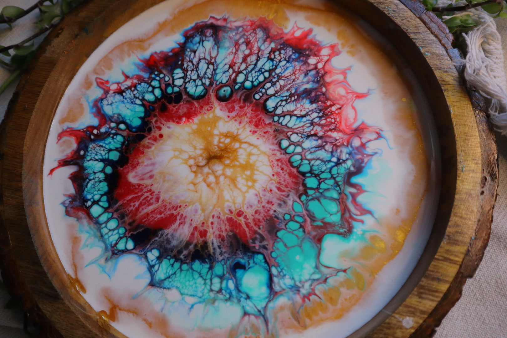 Epoxy Colorful Pattern Wooden Circular Tray | Resin Serving Tray