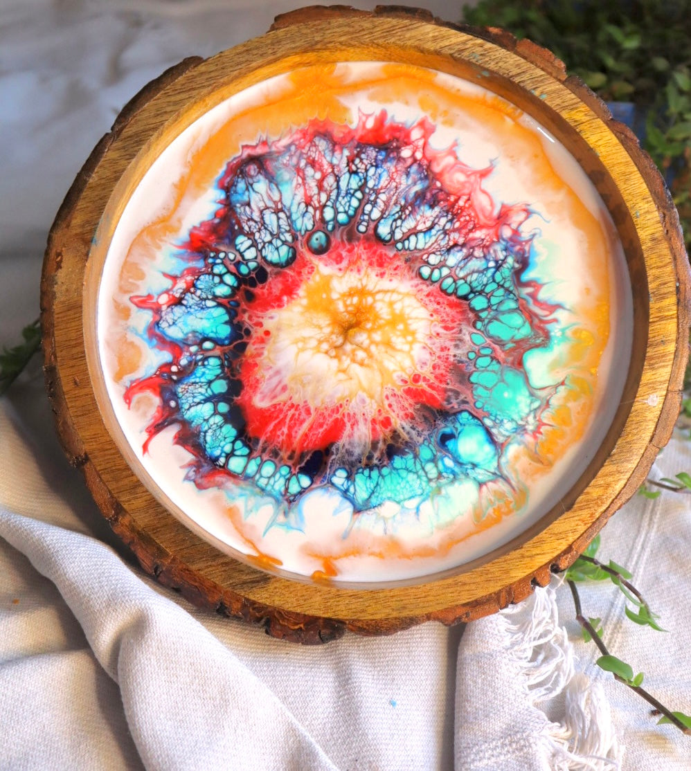 Epoxy Colorful Pattern Wooden Circular Tray | Resin Serving Tray