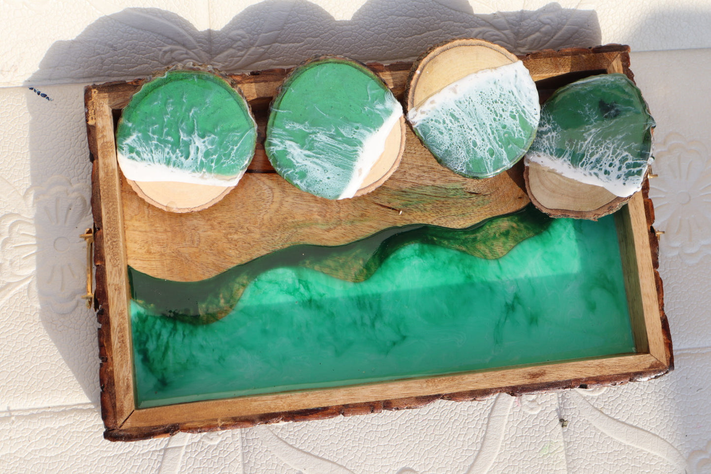Green RESIN Effect Rectangle Tray with COASTERS| Resin Serving Tray