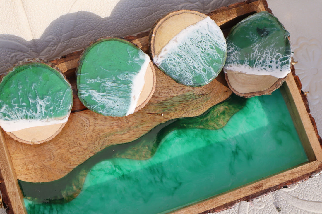 Green RESIN Effect Rectangle Tray with COASTERS| Resin Serving Tray