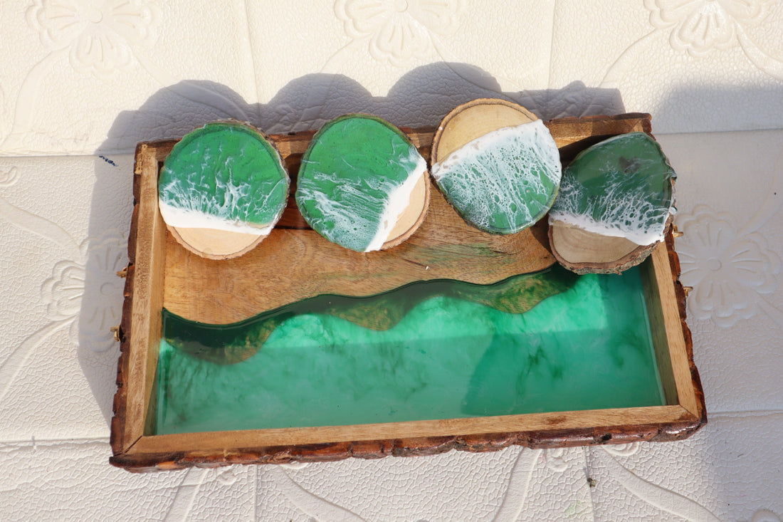 Green RESIN Effect Rectangle Tray with COASTERS| Resin Serving Tray