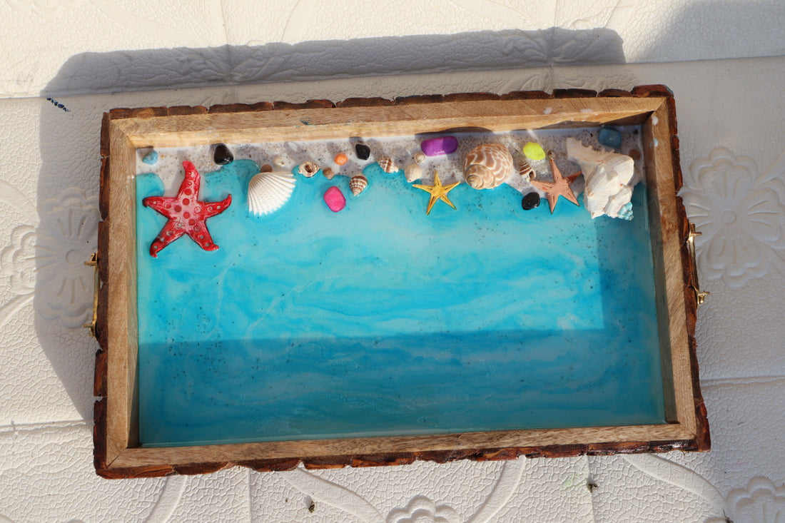 Rectangle Epoxy Light Blue Ocean Tray | Beach Theme Resin Serving Tray