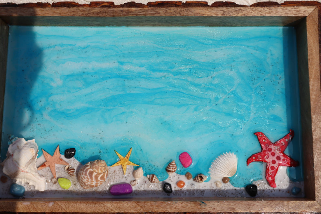 Rectangle Epoxy Light Blue Ocean Tray | Beach Theme Resin Serving Tray