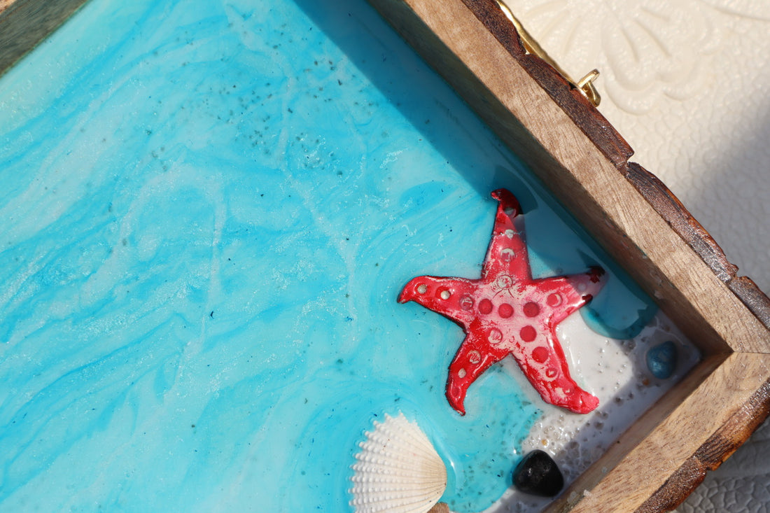 Rectangle Epoxy Light Blue Ocean Tray | Beach Theme Resin Serving Tray