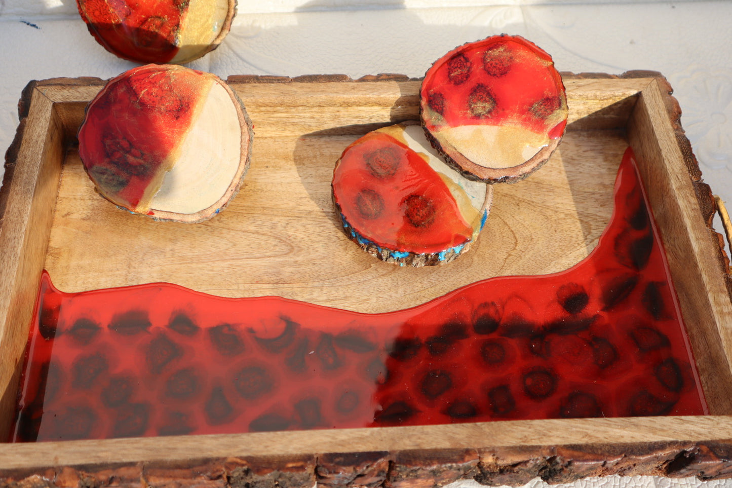 RED RESIN Effect Rectangle Tray with COASTERS| Resin Serving Tray