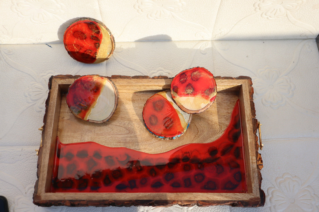 RED RESIN Effect Rectangle Tray with COASTERS| Resin Serving Tray