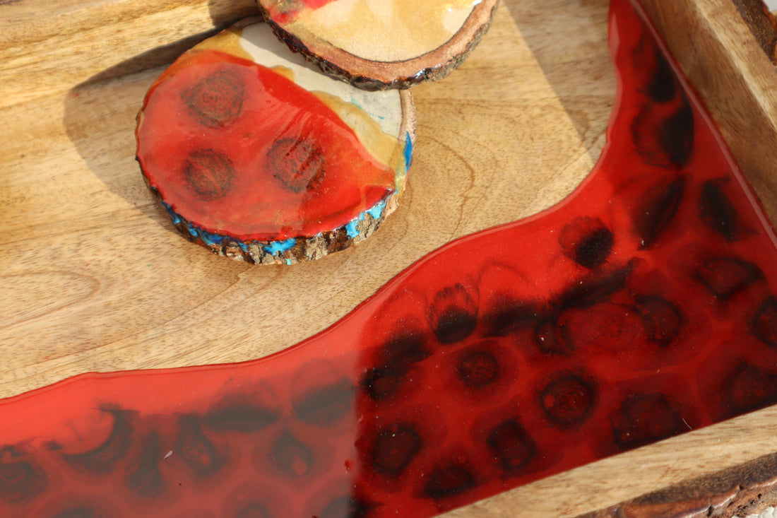 RED RESIN Effect Rectangle Tray with COASTERS| Resin Serving Tray