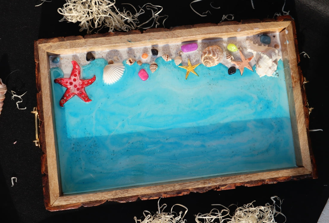 Rectangle Epoxy Light Blue Ocean Tray | Beach Theme Resin Serving Tray