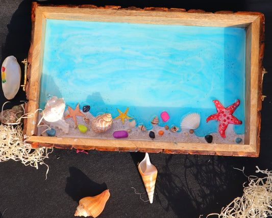 Rectangle Epoxy Light Blue Ocean Tray | Beach Theme Resin Serving Tray