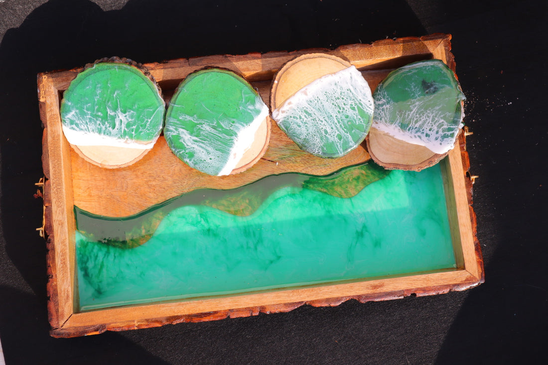 Green RESIN Effect Rectangle Tray with COASTERS| Resin Serving Tray