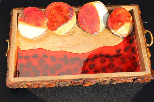 RED RESIN Effect Rectangle Tray with COASTERS| Resin Serving Tray