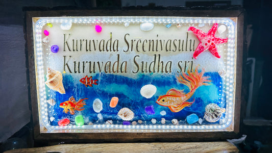 Custom Resin Name Plates | Ocean Themed House Name Plates on Wooden Tray