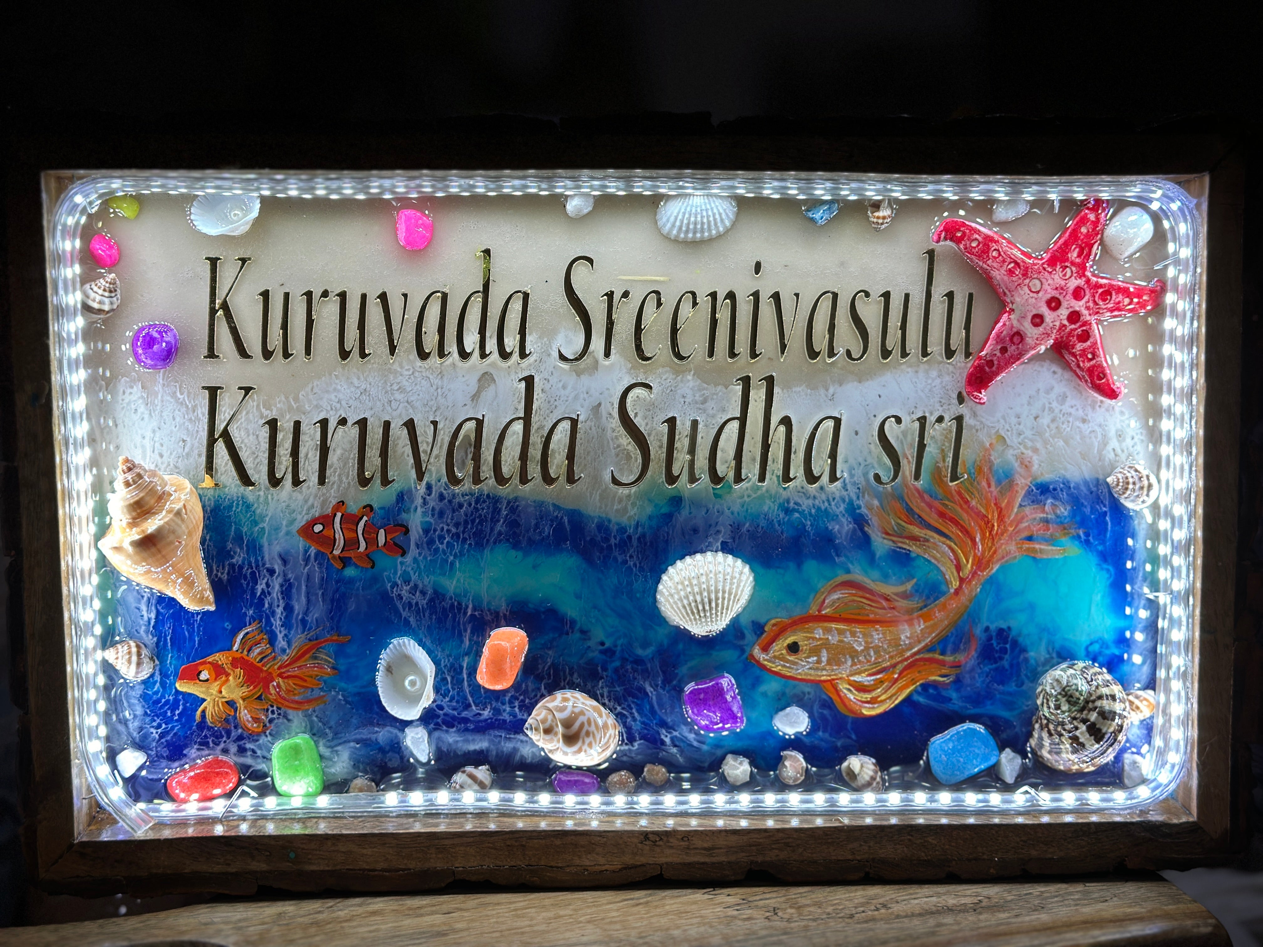 Custom Resin Name Plates | Ocean Themed House Name Plates on Wooden Tray