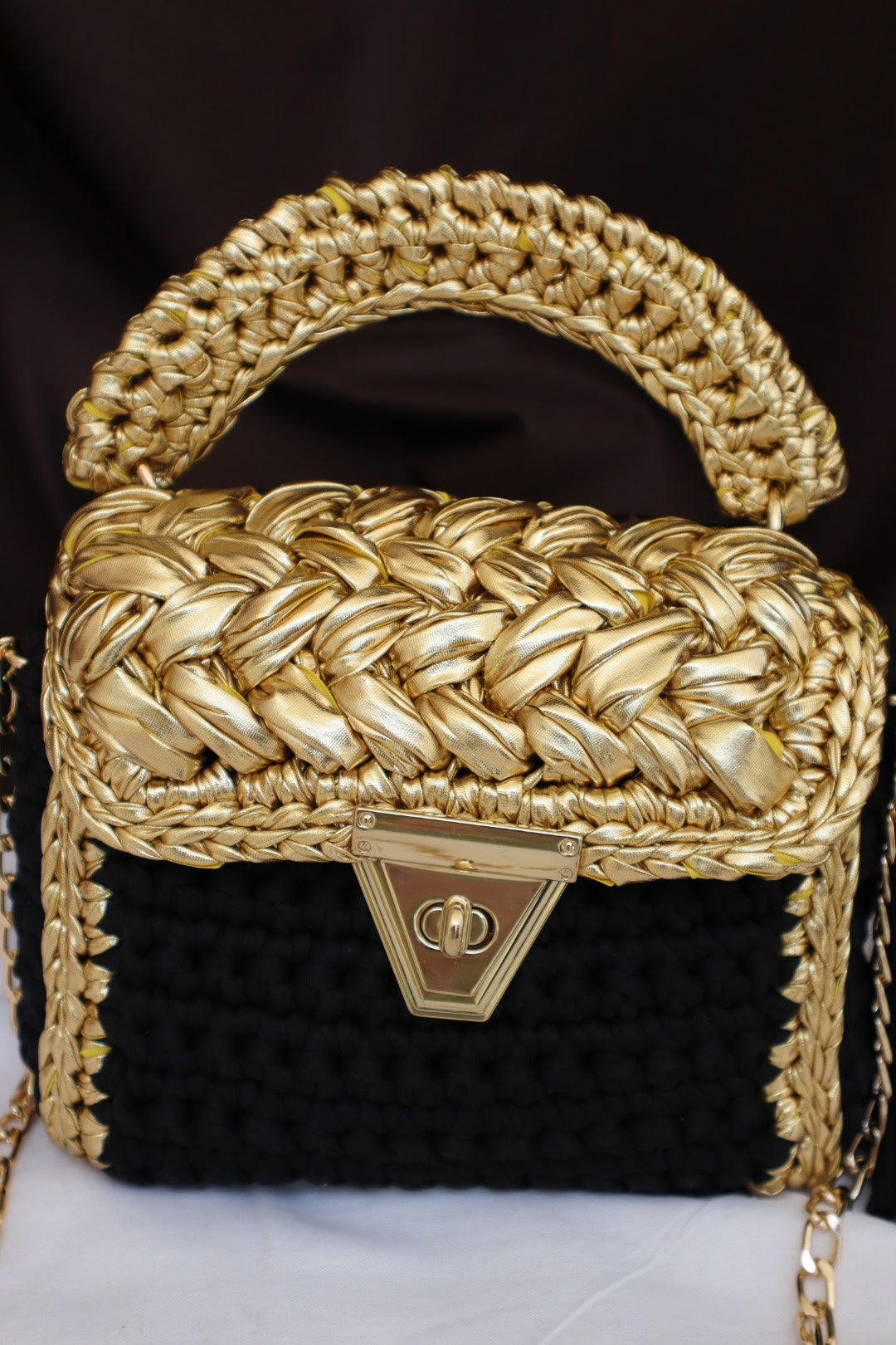 Luxurious Black and Gold Handcrafted Crochet Bag