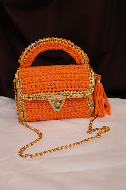 Vibrant Orange and Gold Handcrafted Crochet Bag