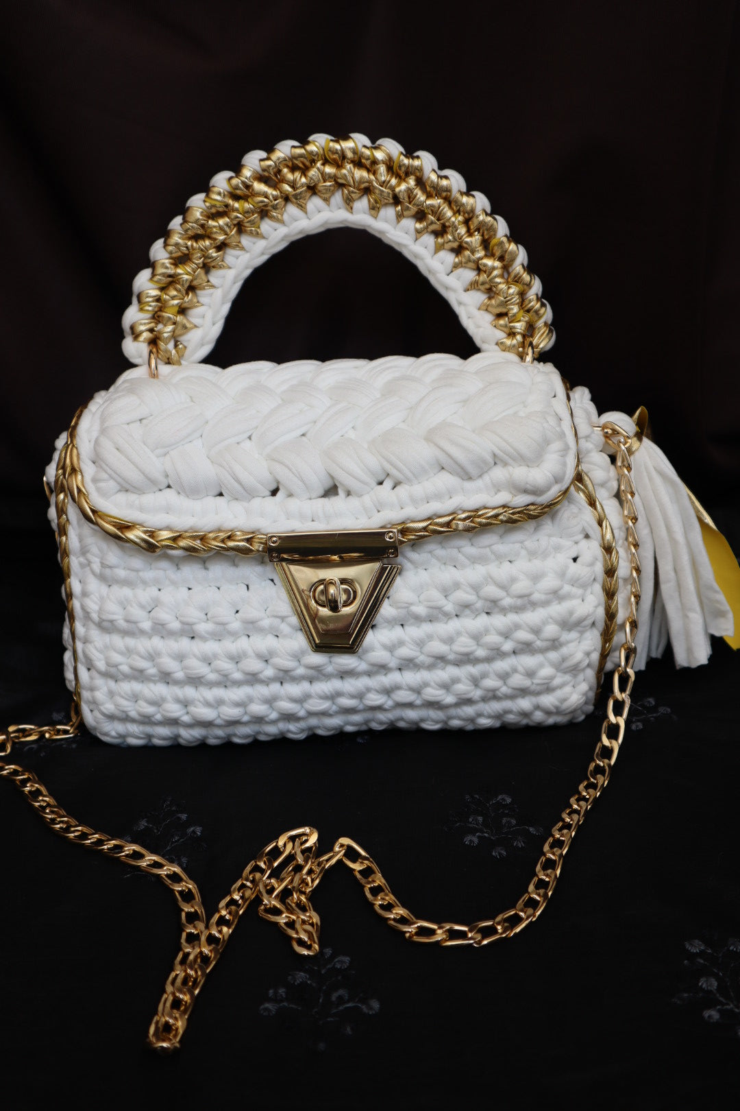 Elegant White and Gold Handcrafted Crochet Bag