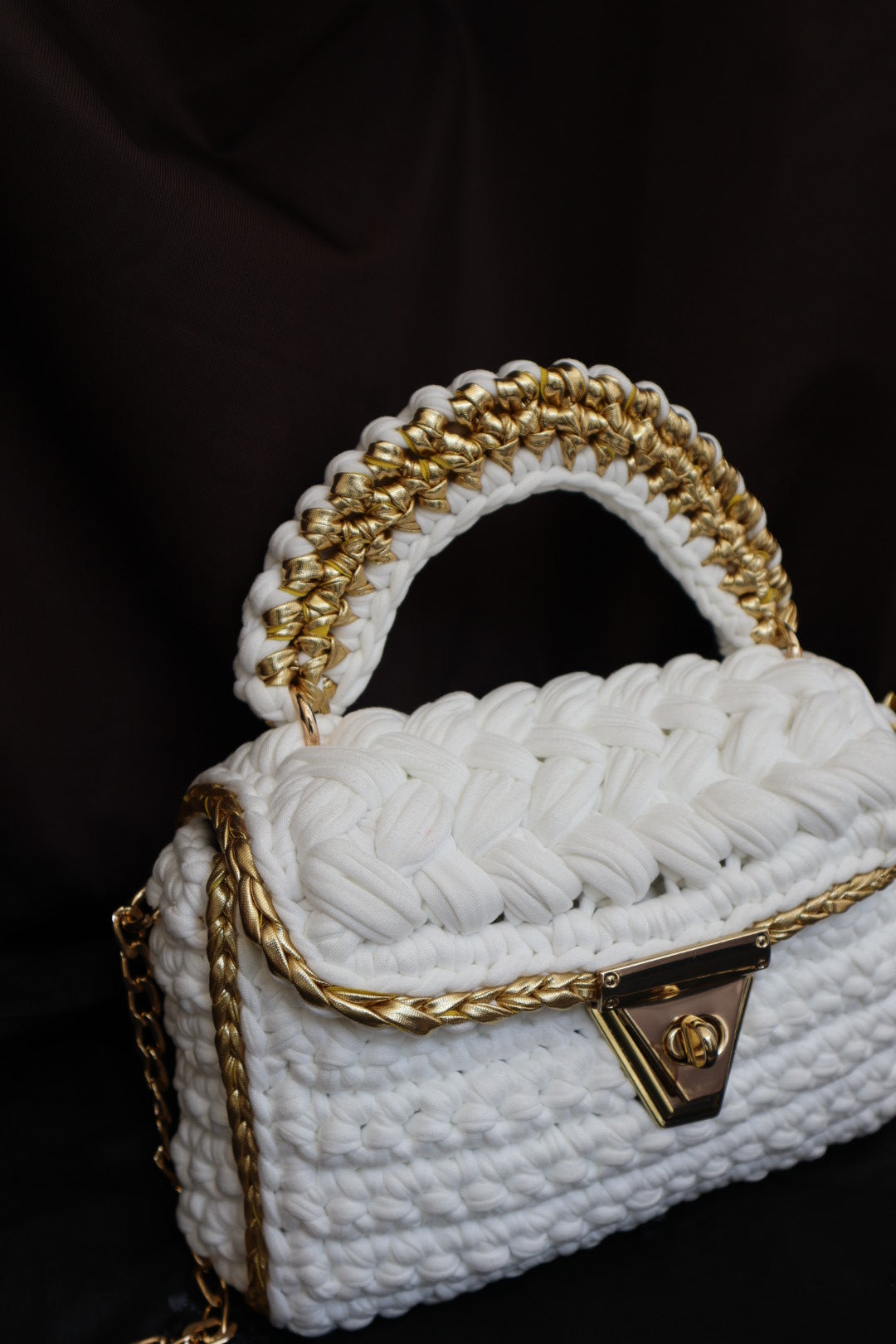 Elegant White and Gold Handcrafted Crochet Bag
