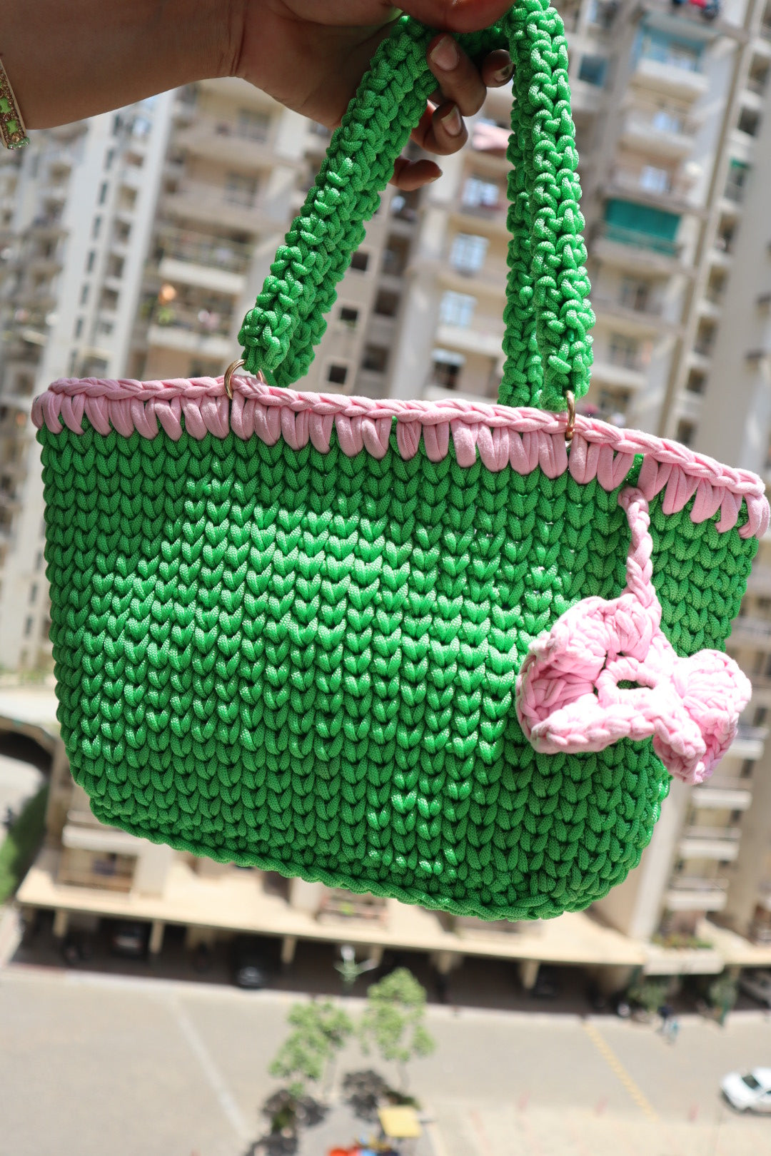Playful Green and Pink Handcrafted Crochet Bag