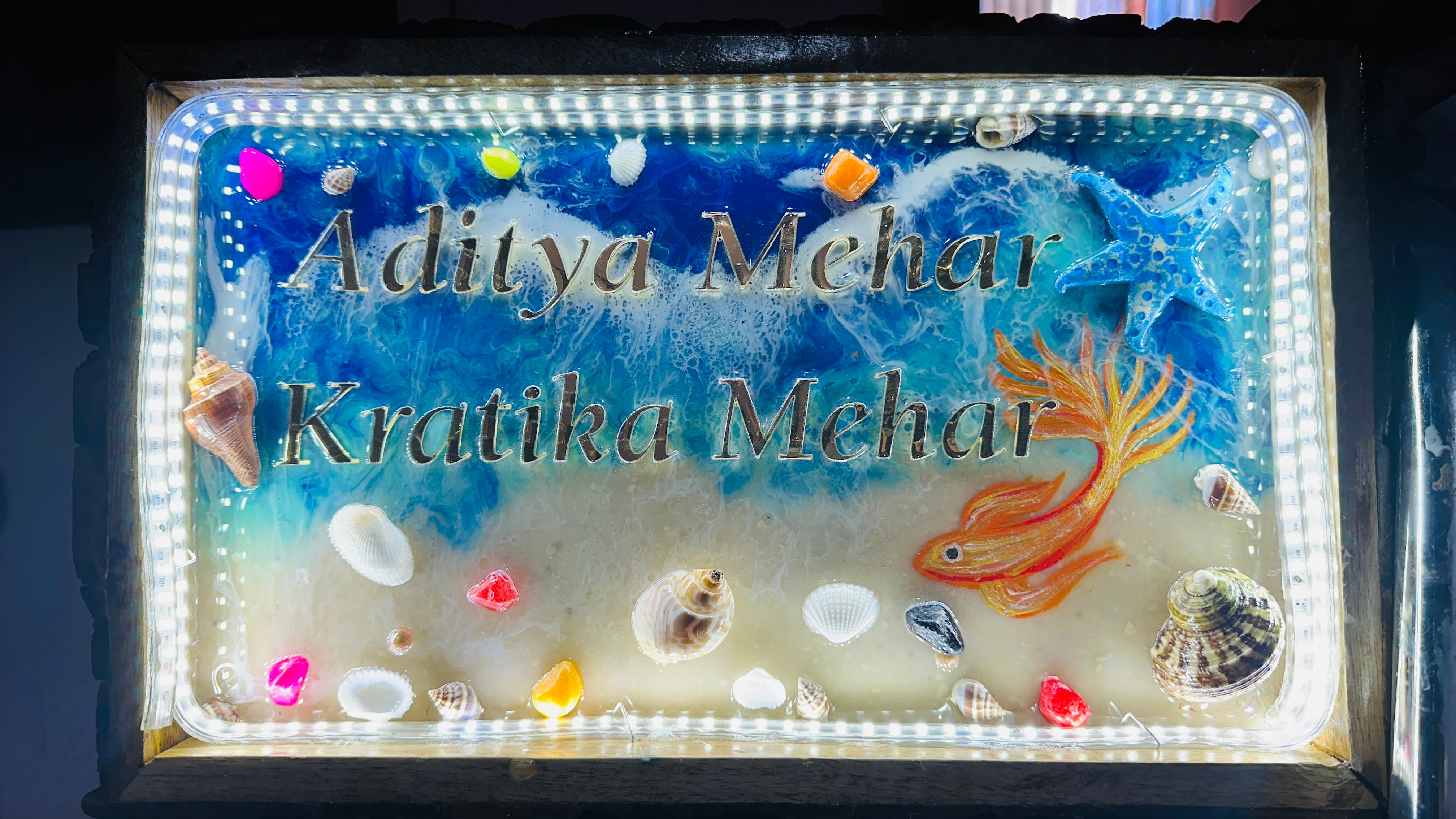 Custom Resin Name Plates | Ocean Themed House Name Plates on Wooden Tray