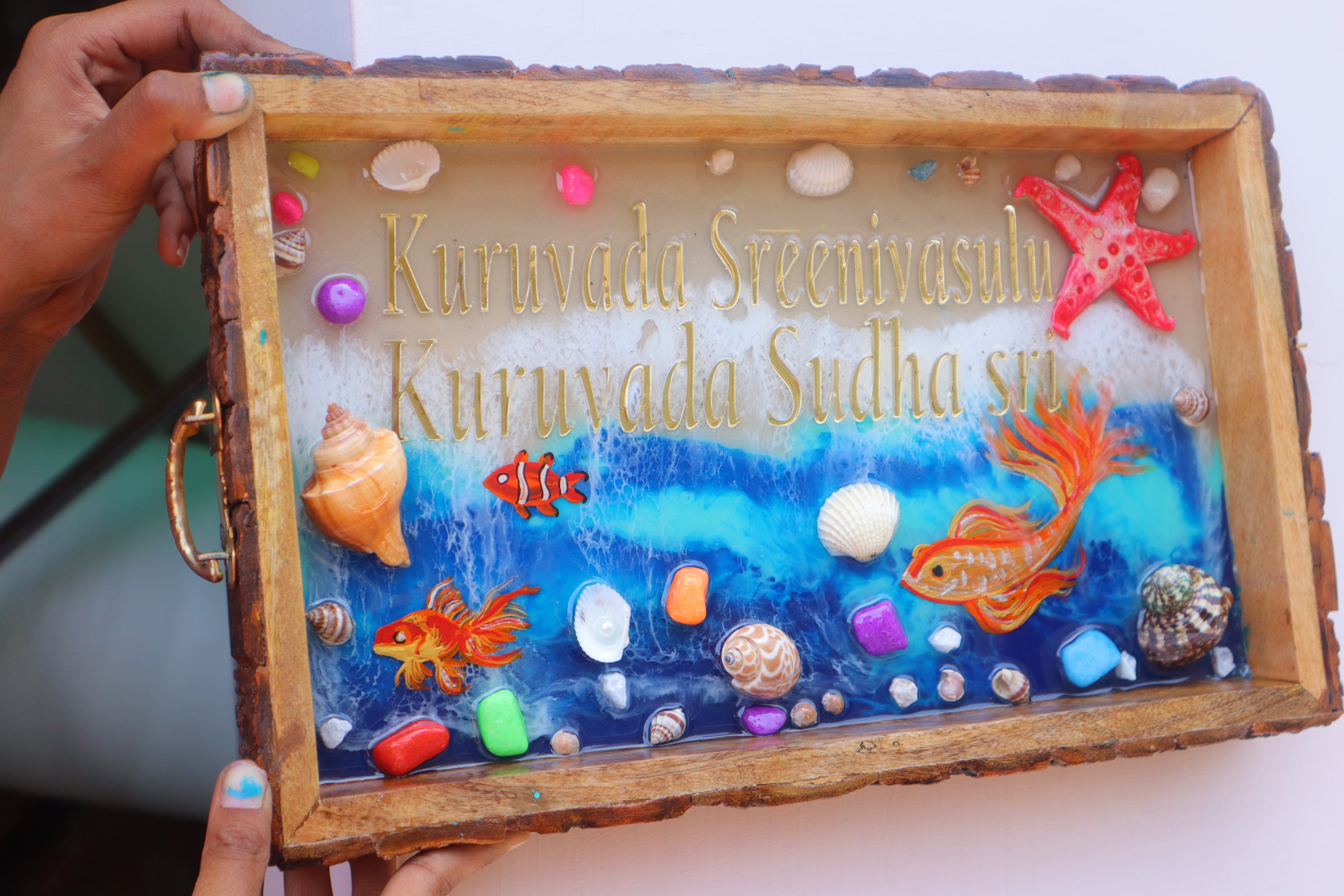 Custom Resin Name Plates | Ocean Themed House Name Plates on Wooden Tray