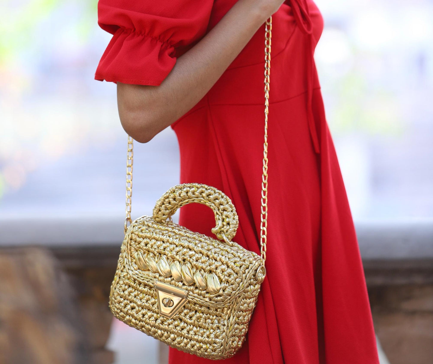 Handmade Golden Crochet Bag with Chain Strap