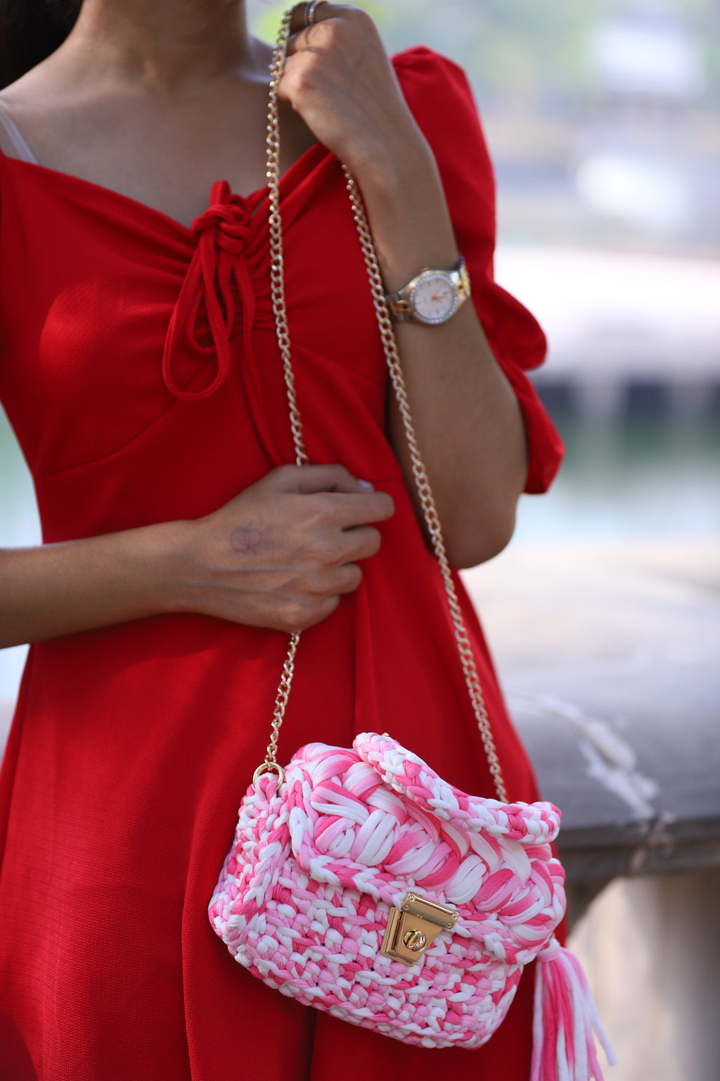 Handmade Pink and White Crochet Bag