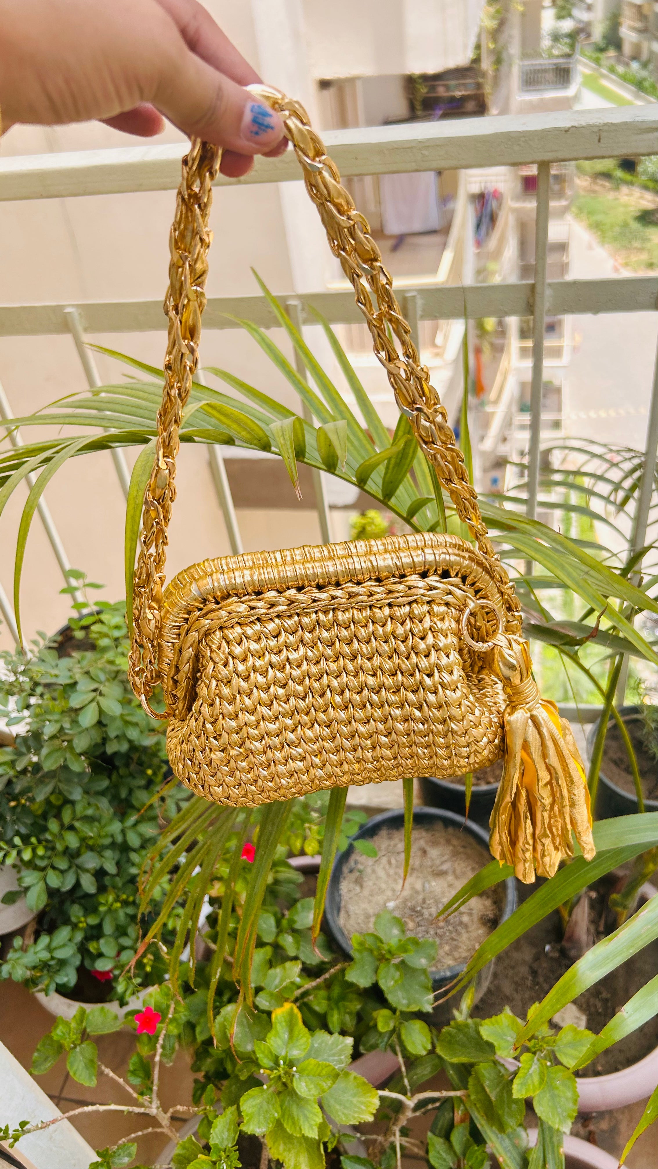 Golden Luxe Metallic Crochet Clutch with Sling and Tassel