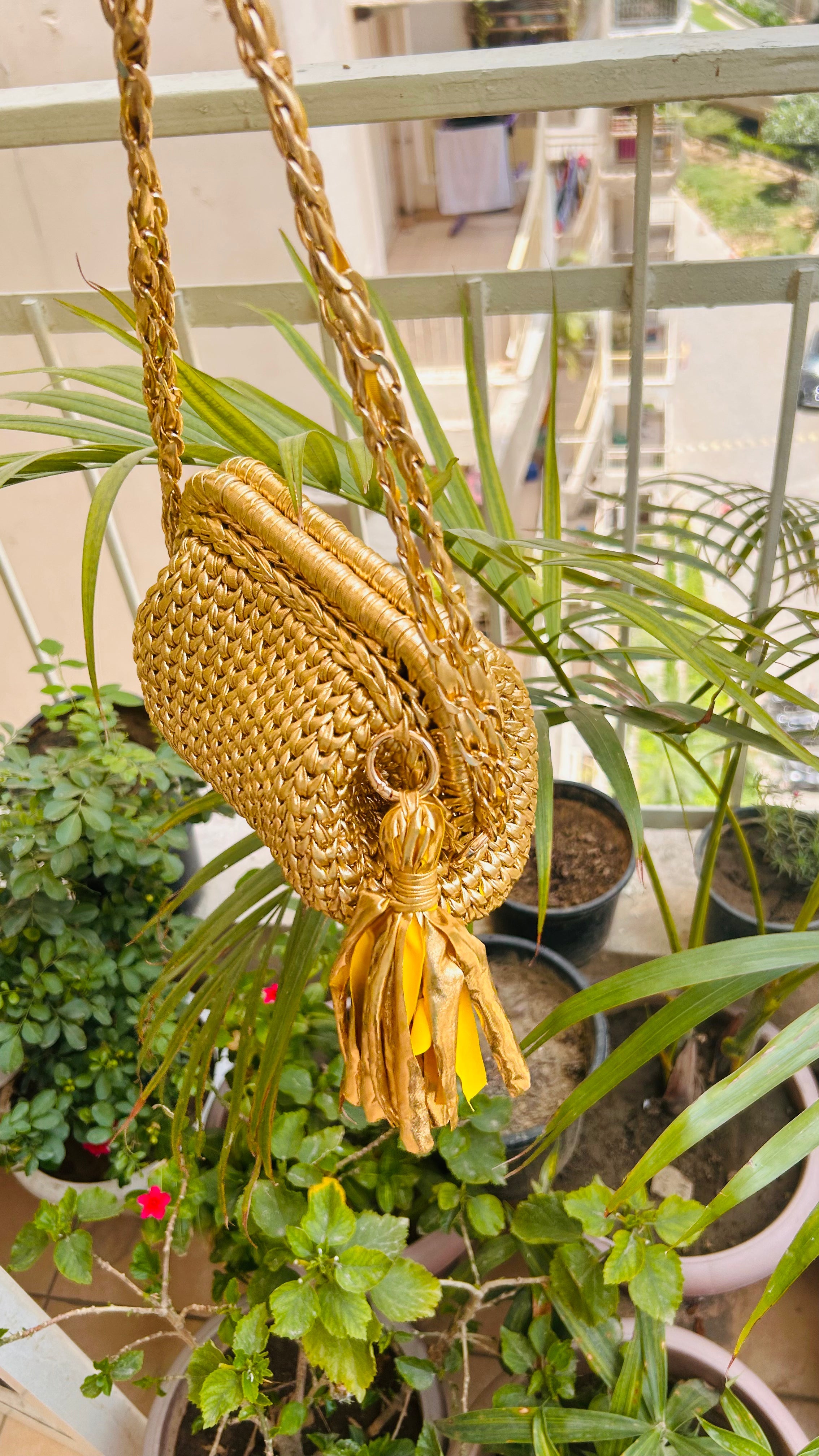 Golden Luxe Metallic Crochet Clutch with Sling and Tassel