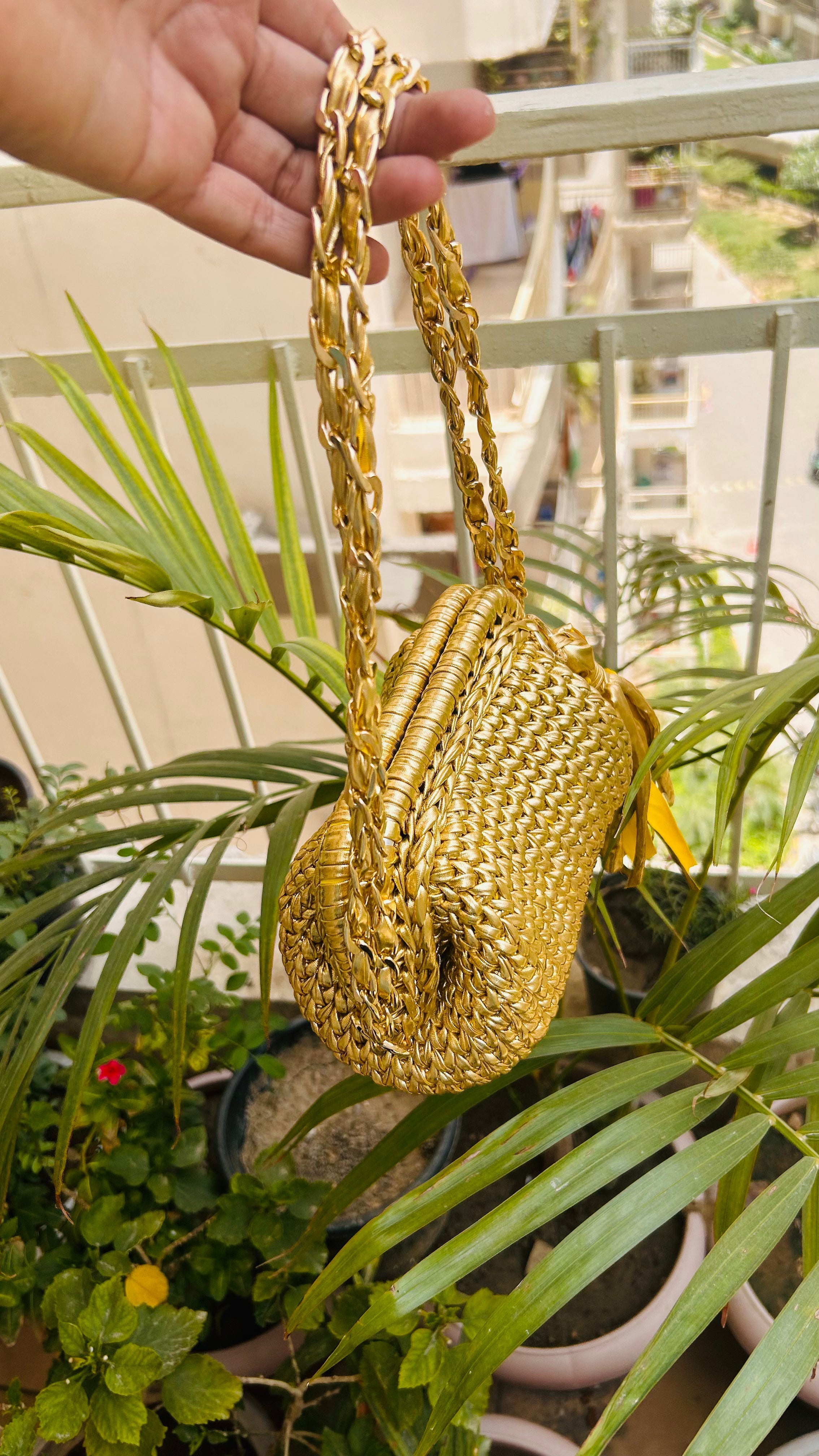 Golden Luxe Metallic Crochet Clutch with Sling and Tassel