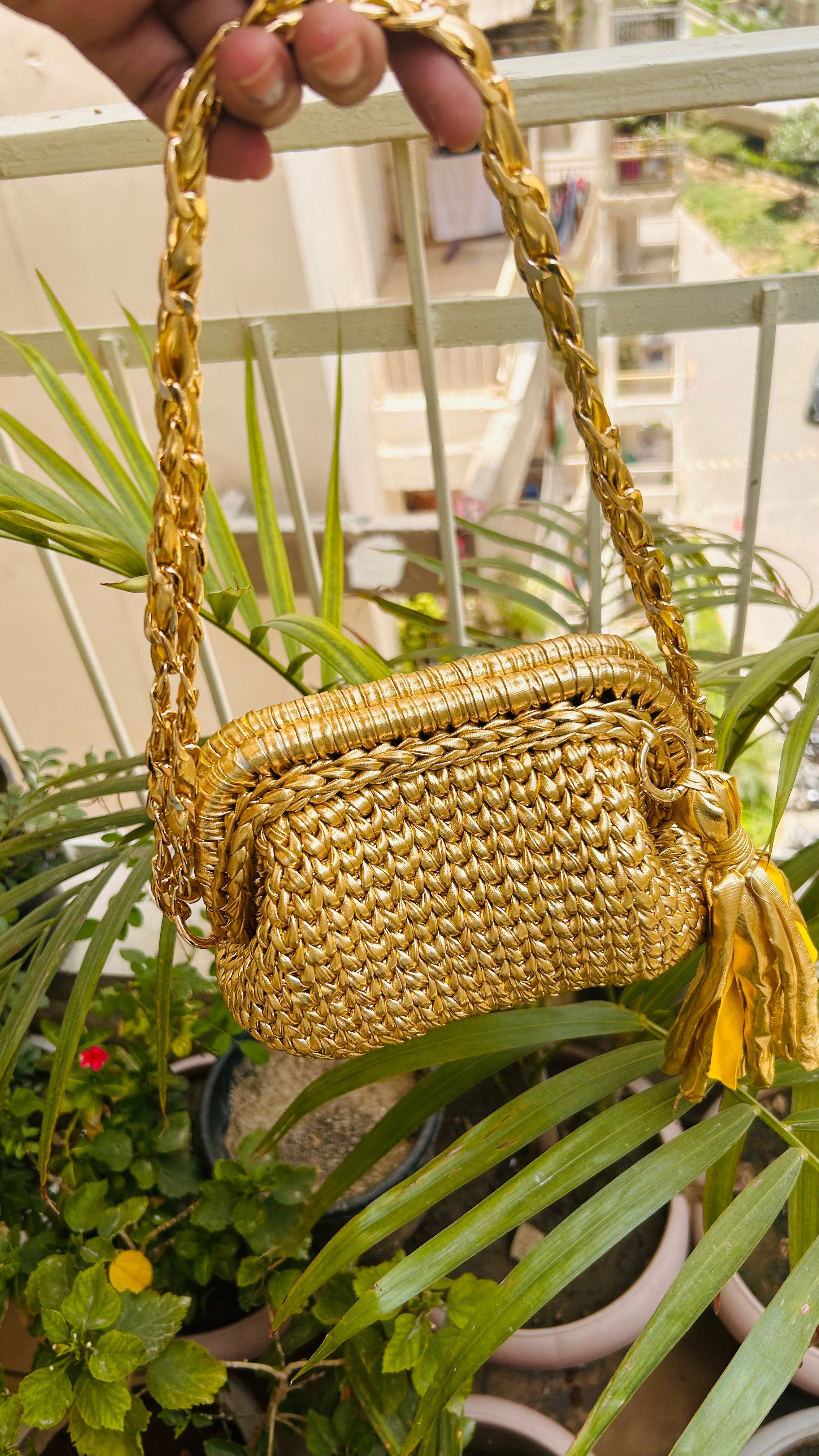 Golden Luxe Metallic Crochet Clutch with Sling and Tassel