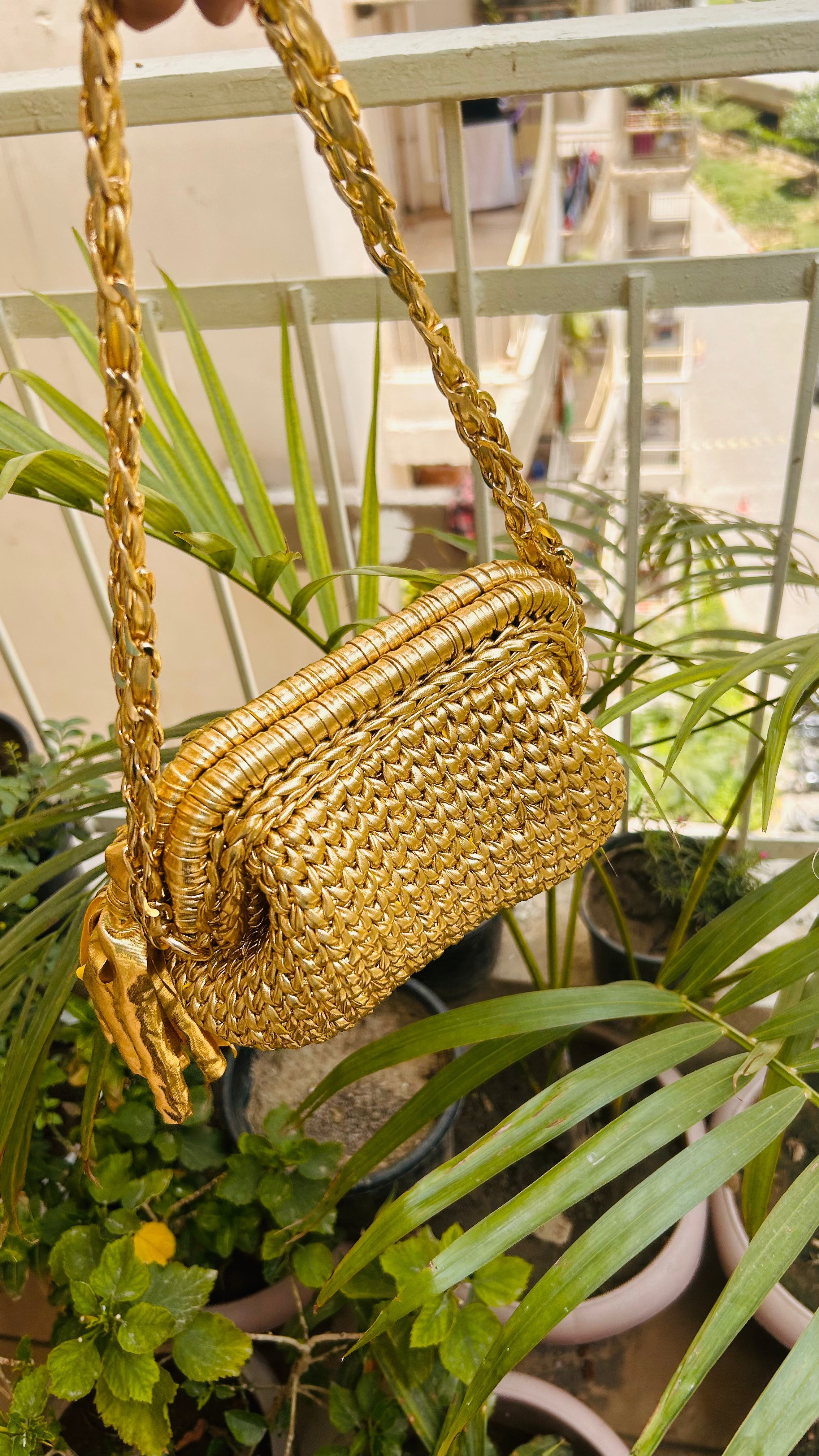 Golden Luxe Metallic Crochet Clutch with Sling and Tassel