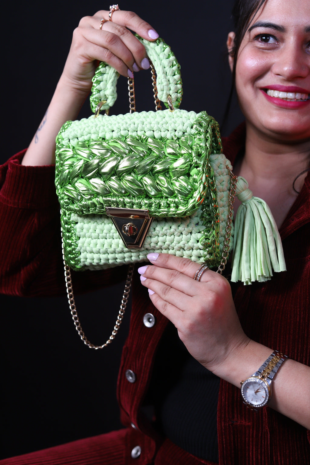 Handmade Green Metallic Crochet Bag
