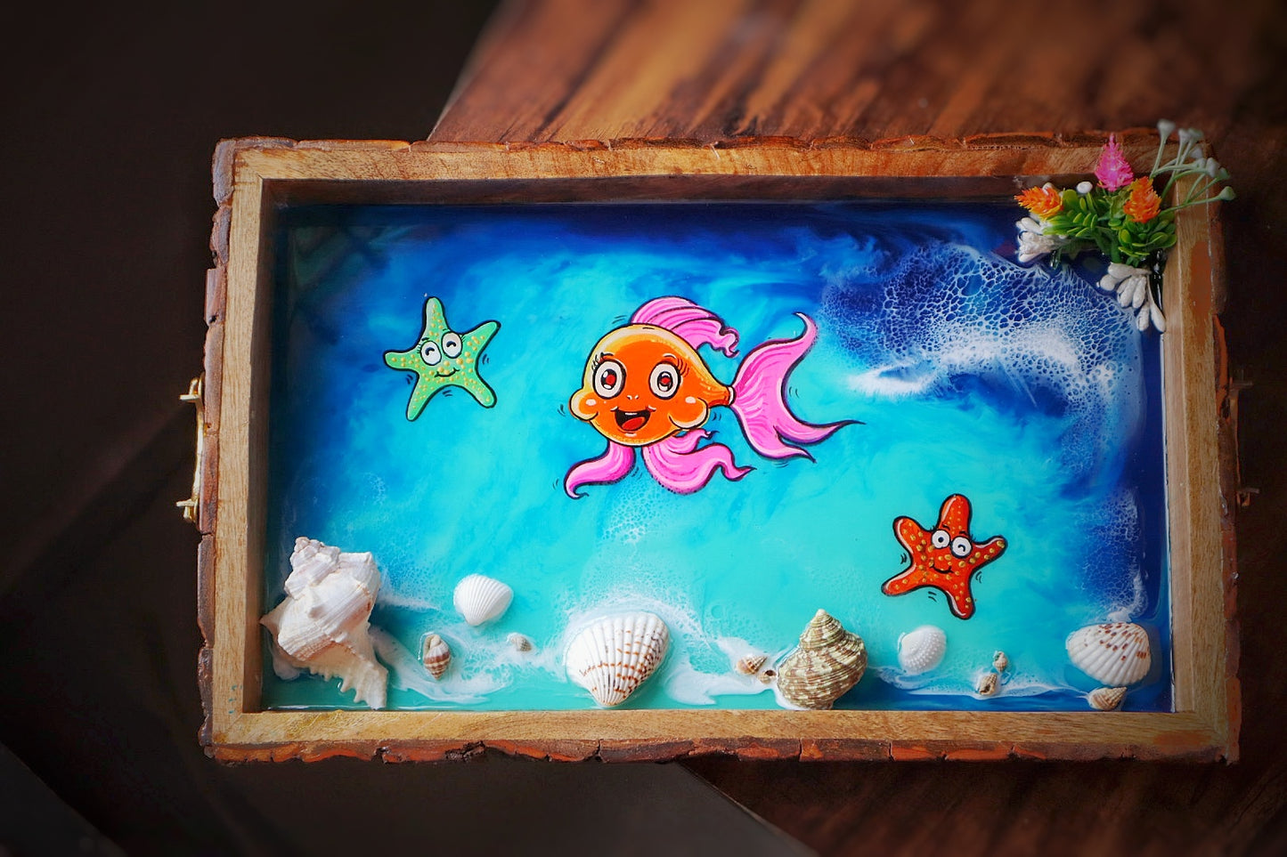 Cheerful Sea Friends Rectangle Ocean Tray | Beach Theme Resin Serving Tray