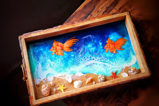 GOLDEN Fish Rectangle Ocean Tray (No Coasters) | Beach Theme Resin Serving Tray