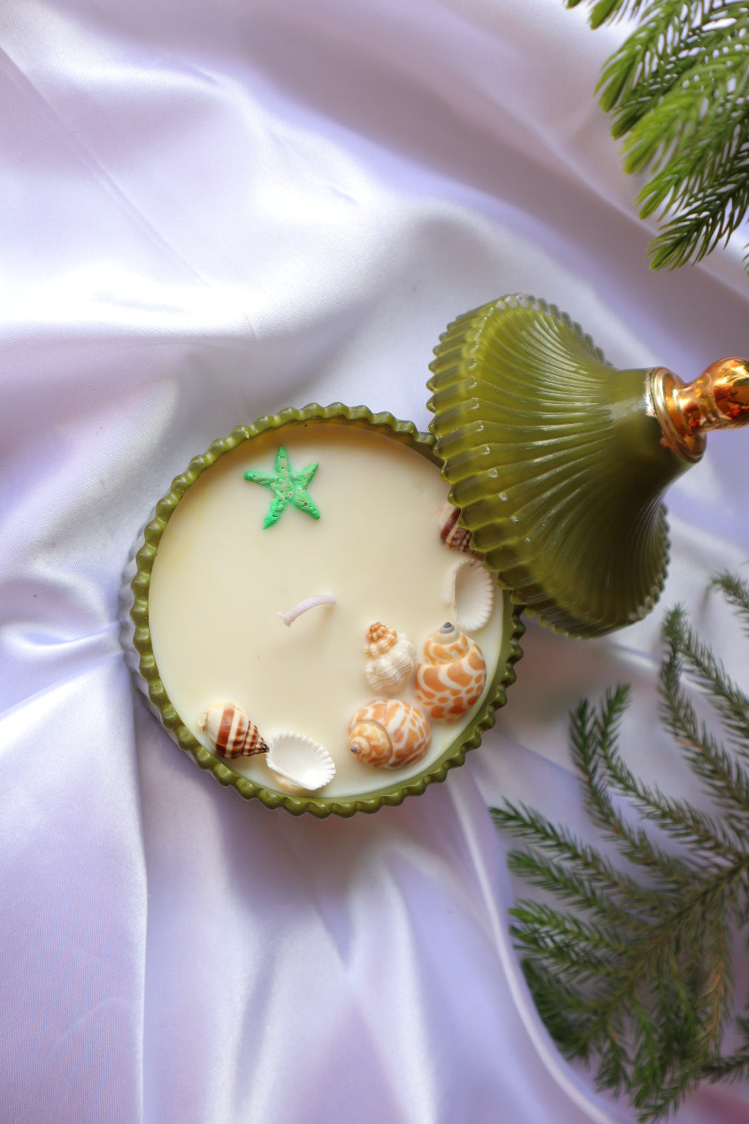 Handmade Scented Candles | Green Crockery with Golden Lid | White Wax