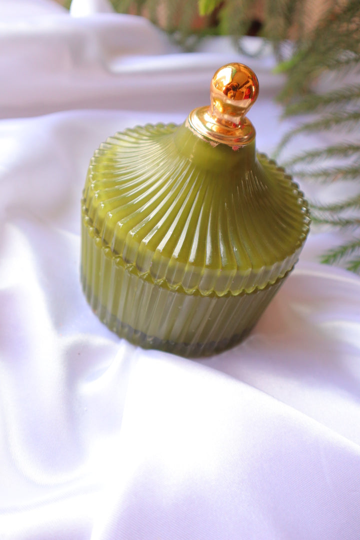 Handmade Scented Candles | Green Crockery with Golden Lid | White Wax