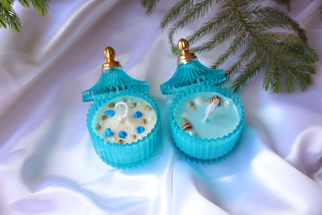 Blue Jar | Sea Shell Decor | Set of 2 Handmade Scented Candles