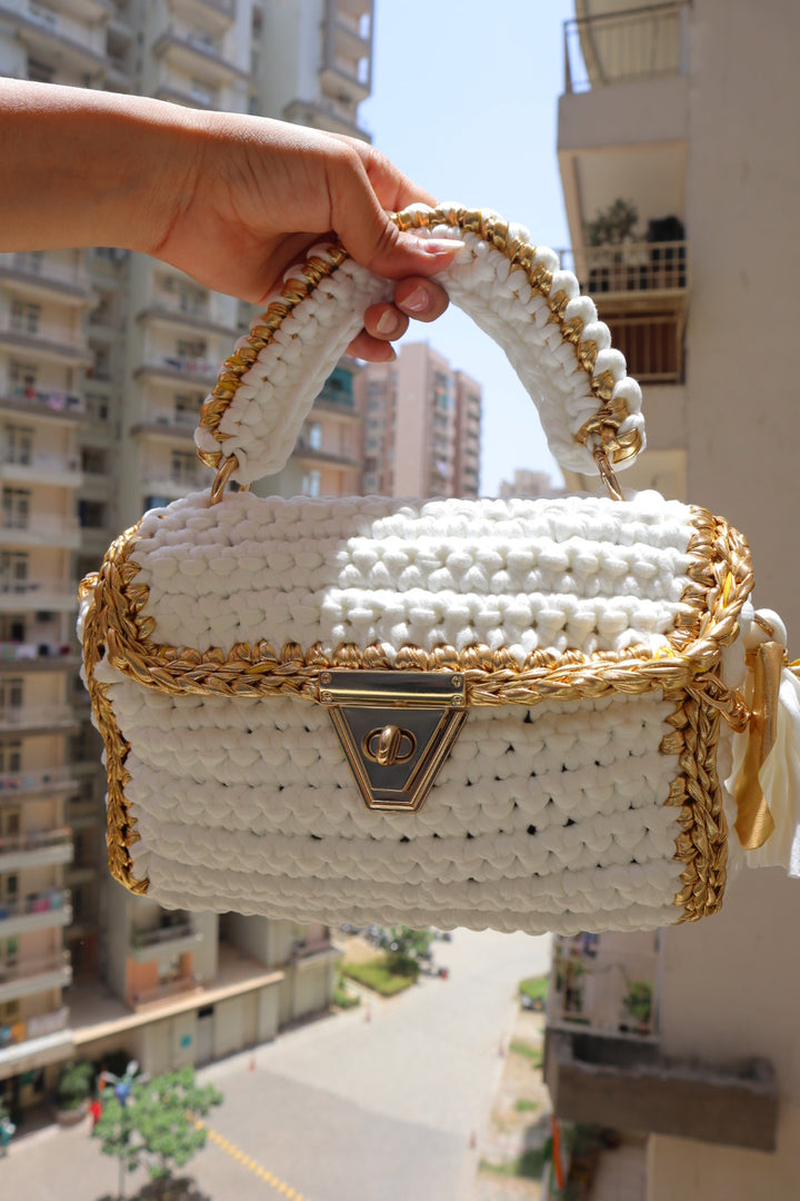 Luxurious White Crochet Handbag with Gold Accents