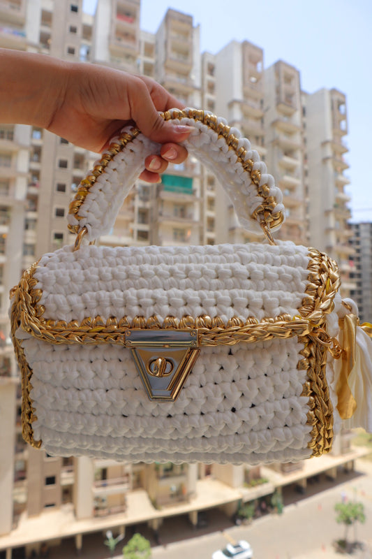 Luxurious White Crochet Handbag with Gold Accents