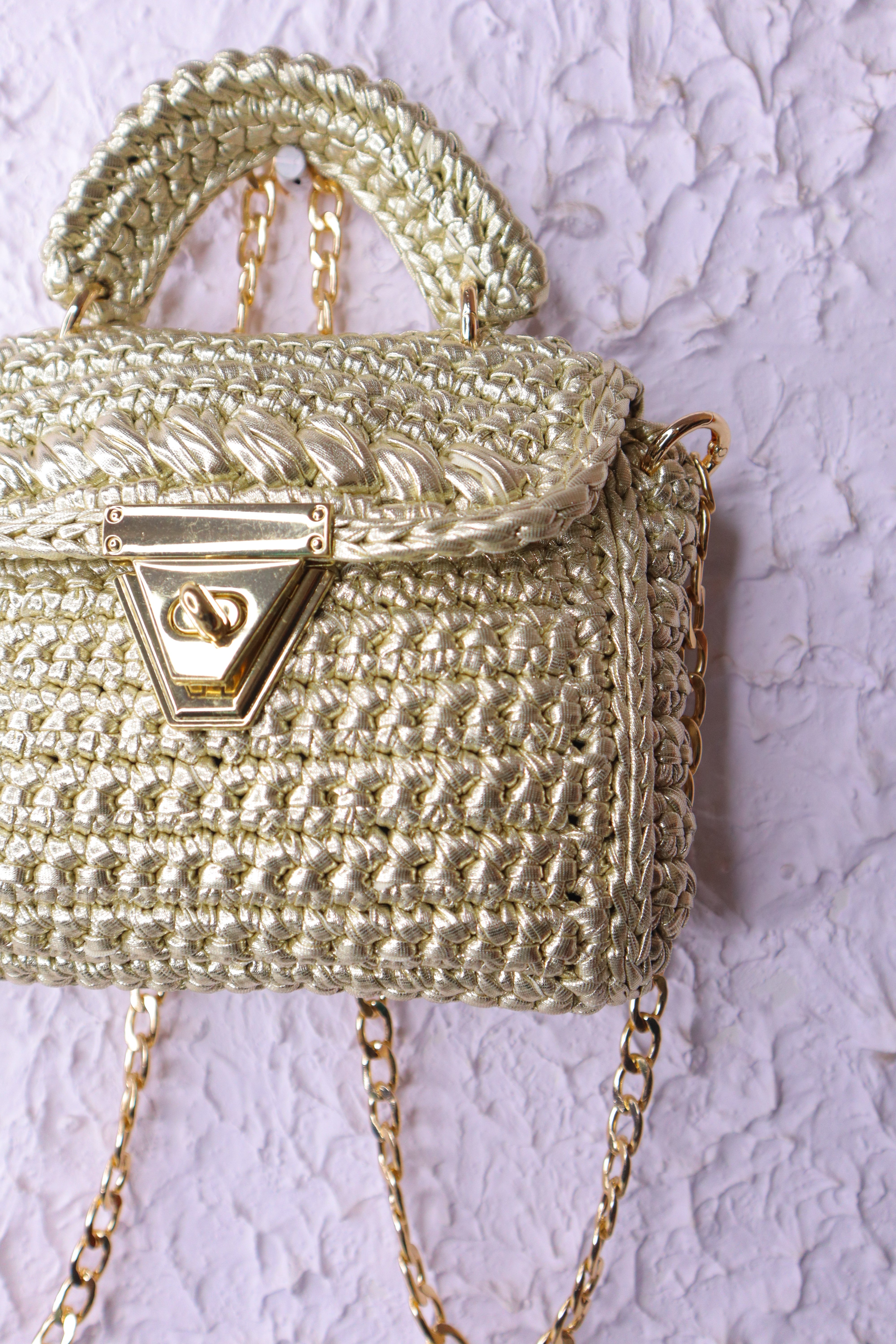 Handmade Light Gold Crochet Bag with Chain Strap