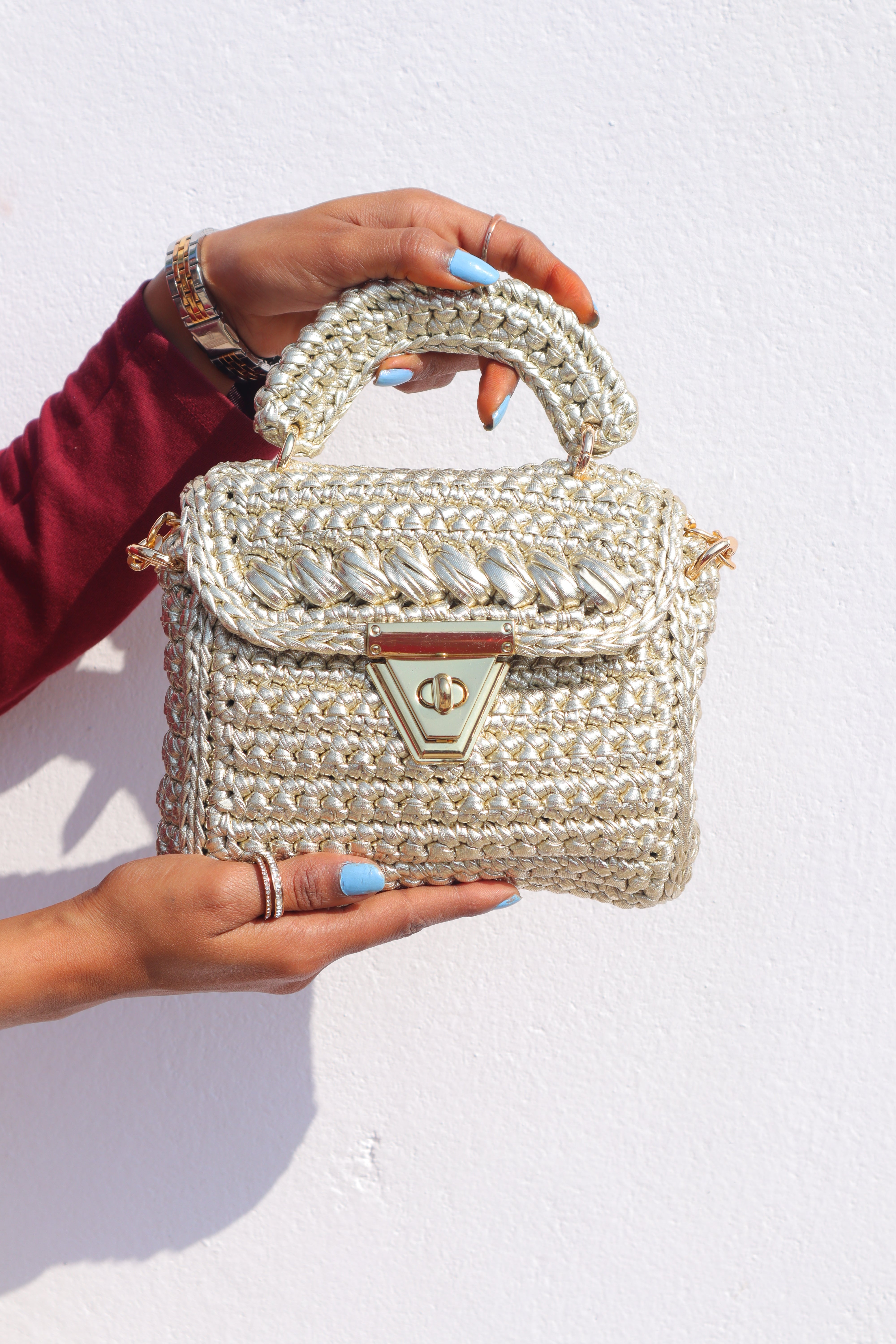 Handmade Light Gold Crochet Bag with Chain Strap