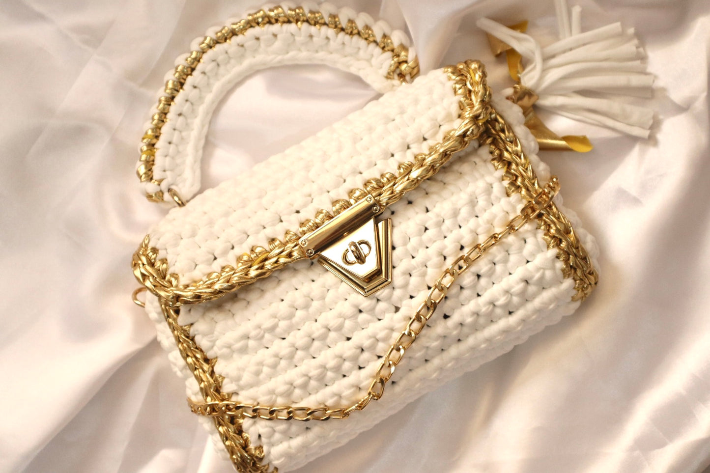 Luxurious White Crochet Handbag with Gold Accents