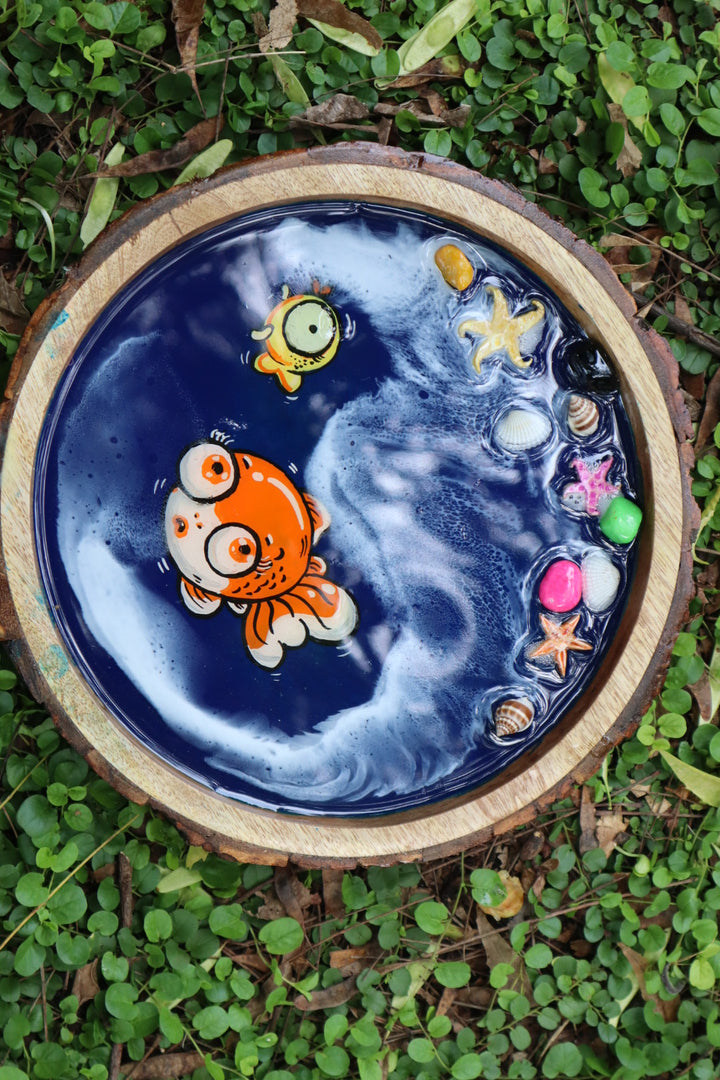 Orange Fish and Coral Reef Resin Circle Serving Tray