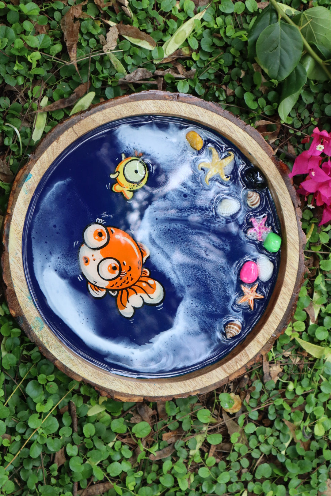 Orange Fish and Coral Reef Resin Circle Serving Tray