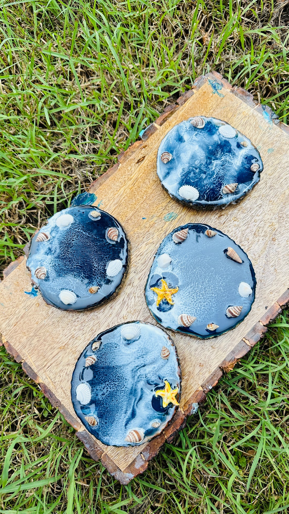 Blue Ocean with Waves Set of 4 Handmade Coasters with Sea Shells and Star Fish