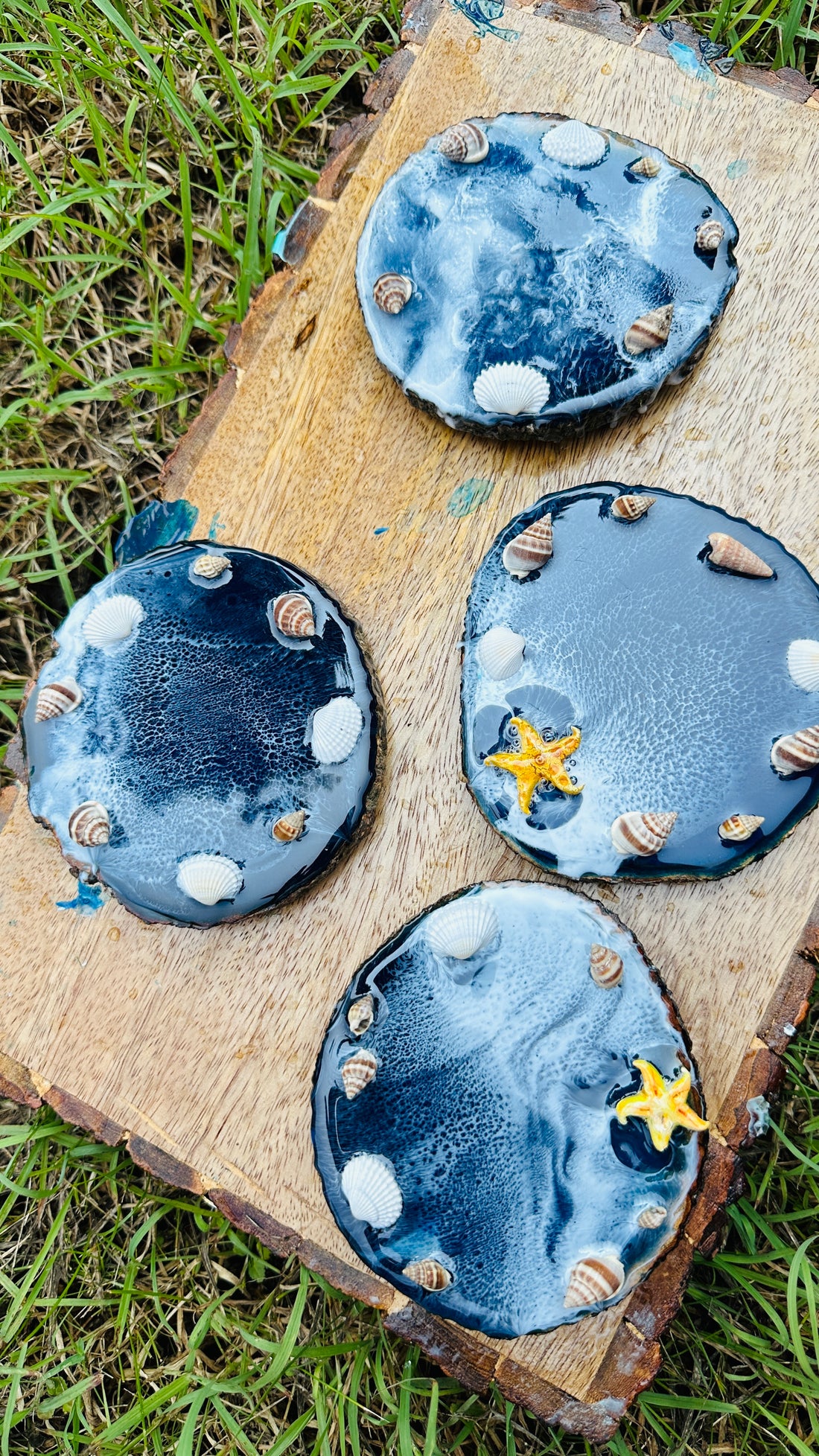 Blue Ocean with Waves Set of 4 Handmade Coasters with Sea Shells and Star Fish