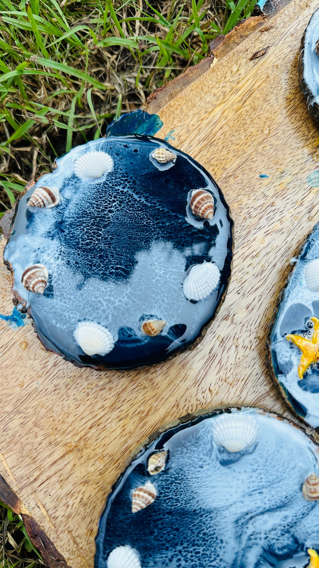 Blue Ocean with Waves Set of 4 Handmade Coasters with Sea Shells and Star Fish