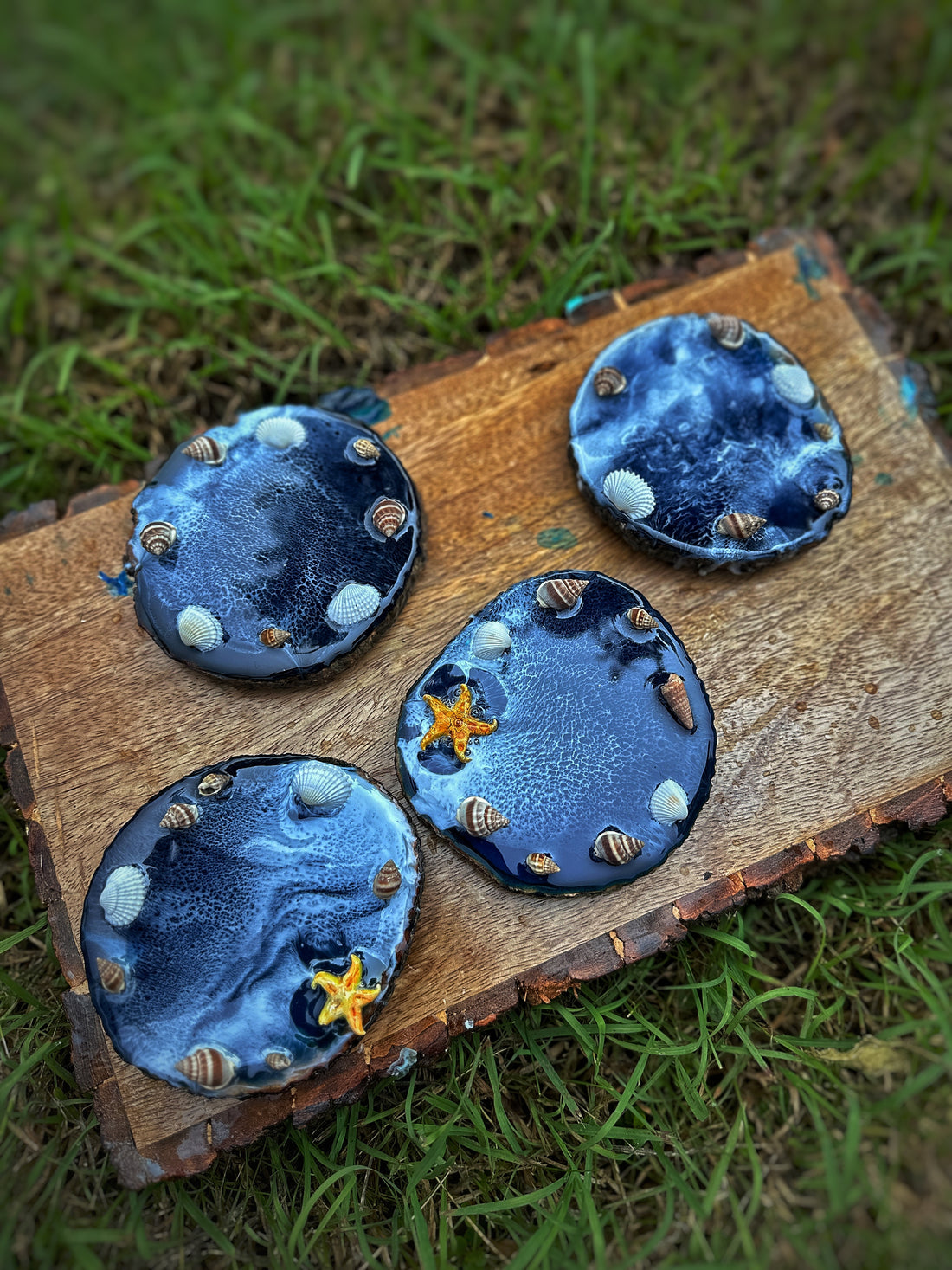 Blue Ocean with Waves Set of 4 Handmade Coasters with Sea Shells and Star Fish