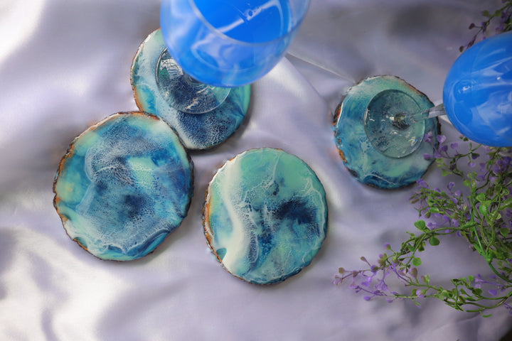 Set of 4 Wooden Coasters with Ocean Themed Resin Art